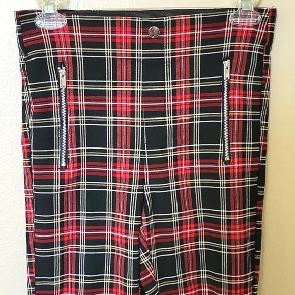 Zara Red Black Tartan Plaid High Rise Leggings Punk Grunge - Size Medium - Picture 2 of 6